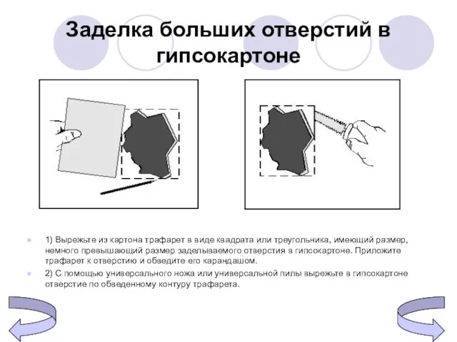 Заделка больших отверстий в гипсокартоне 1) Вырежьте из картона трафарет в виде квадрата