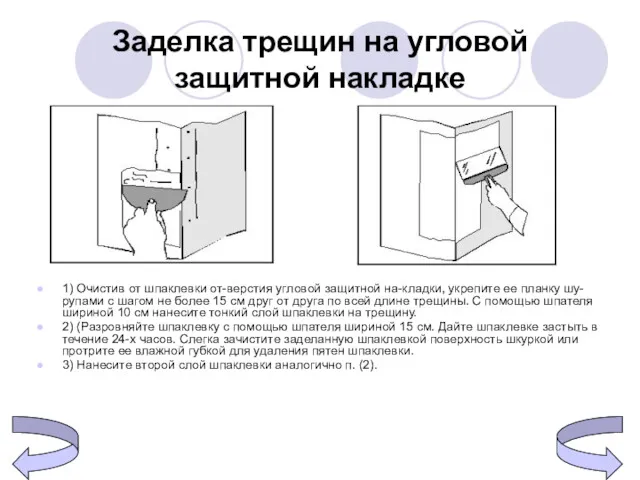 Заделка трещин на угловой защитной накладке 1) Очистив от шпаклевки от-верстия угловой защитной