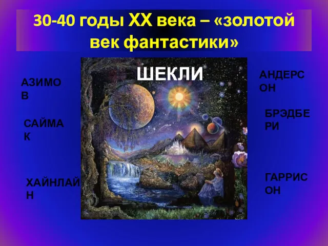 30-40 годы ХХ века – «золотой век фантастики» АЗИМОВ САЙМАК ХАЙНЛАЙН АНДЕРСОН БРЭДБЕРИ ГАРРИСОН ШЕКЛИ