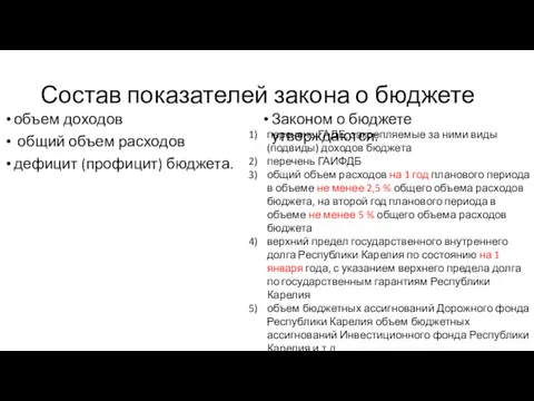 Состав показателей закона о бюджете объем доходов общий объем расходов