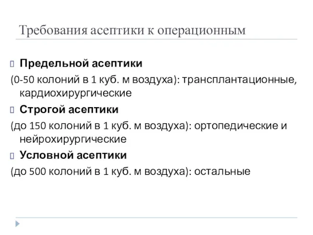 Требования асептики к операционным Предельной асептики (0-50 колоний в 1