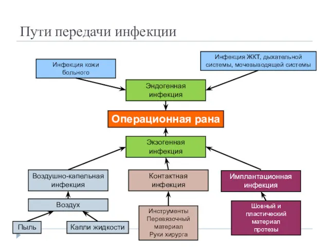 Пути передачи инфекции Операционная рана Экзогенная инфекция Эндогенная инфекция Инфекция