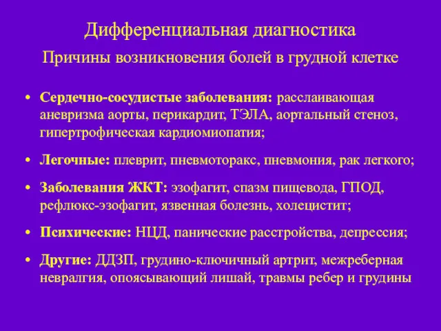 Дифференциальная диагностика Причины возникновения болей в грудной клетке Сердечно-сосудистые заболевания: