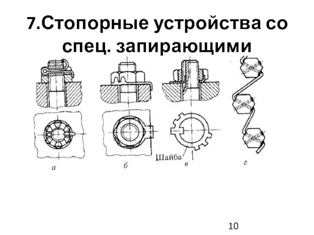 7.Стопорные устройства со спец. запирающими элементами а-шплинты; б-шайбы с лапками;