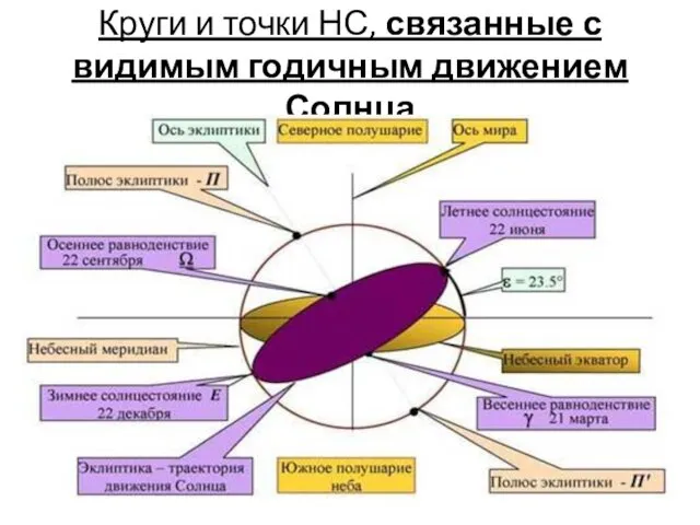 Круги и точки НС, связанные с видимым годичным движением Солнца