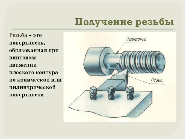 Получение резьбы Резьба – это поверхность, образованная при винтовом движении