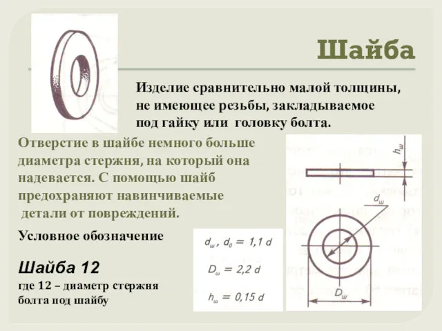 Шайба Изделие сравнительно малой толщины, не имеющее резьбы, закладываемое под