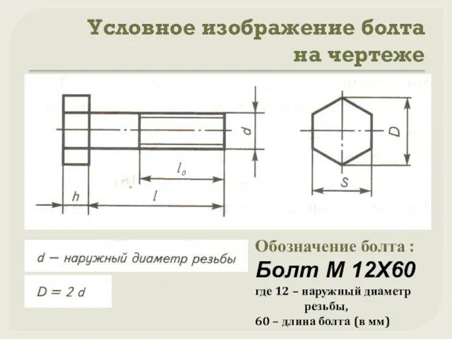 Условное изображение болта на чертеже Обозначение болта : Болт М