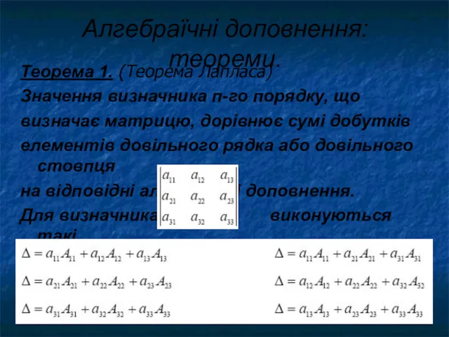 Алгебраїчні доповнення: теореми. Теорема 1. (Теорема Лапласа) Значення визначника п-го