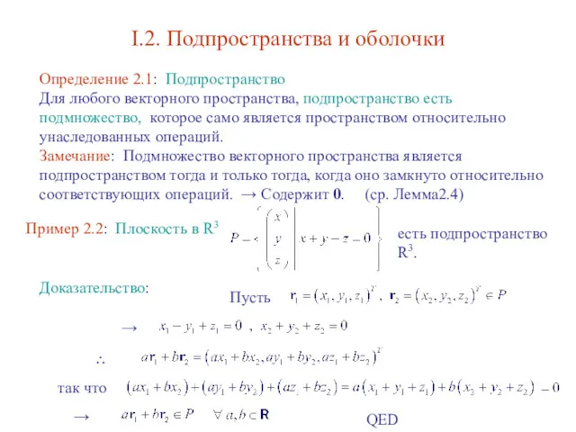 I.2. Подпространства и оболочки Определение 2.1: Подпространство Для любого векторного