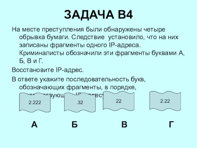 ЗАДАЧА B4 На месте преступления были обнаружены четыре обрывка бумаги.