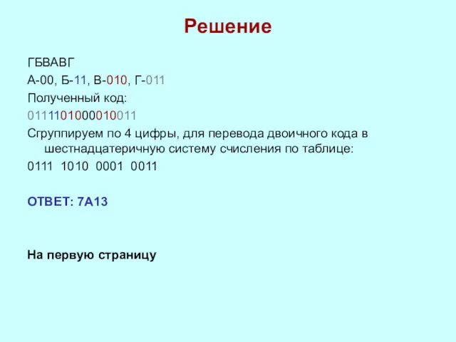 Решение ГБВАВГ А-00, Б-11, В-010, Г-011 Полученный код: 0111101000010011 Сгруппируем