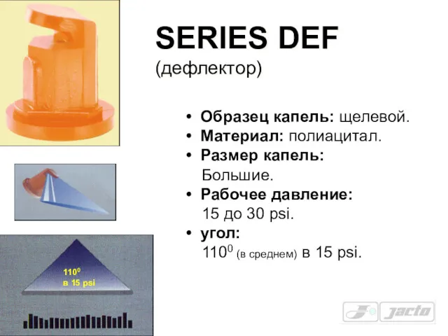 SERIES DEF (дефлектор) Образец капель: щелевой. Материал: полиацитал. Размер капель: Большие. Рабочее давление: