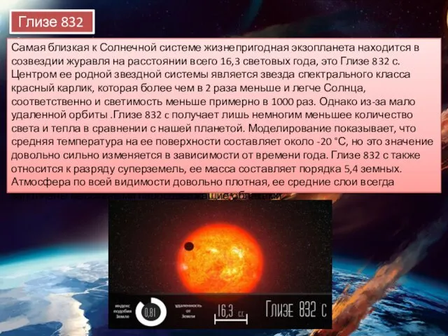 Глизе 832 c Самая близкая к Солнечной системе жизнепригодная экзопланета