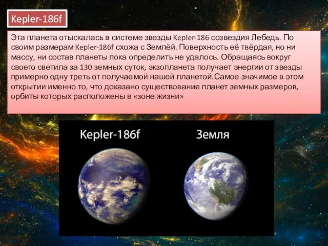 Kepler-186f Эта планета отыскалась в системе звезды Kepler-186 созвездия Лебедь.