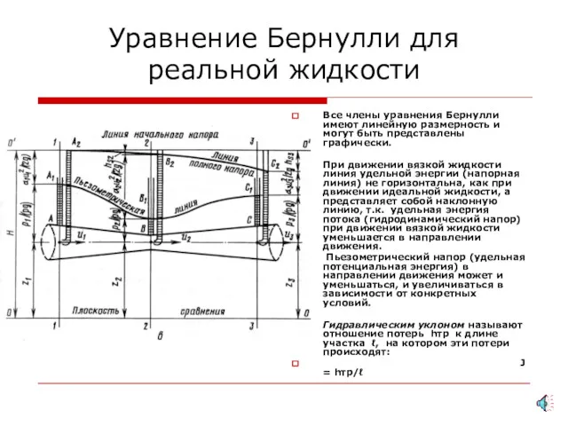 Уравнение Бернулли для реальной жидкости Все члены уравнения Бернулли имеют