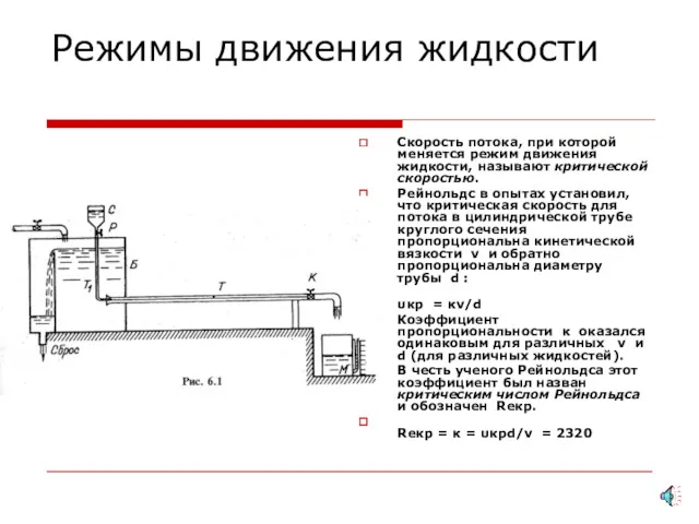 Режимы движения жидкости Скорость потока, при которой меняется режим движения