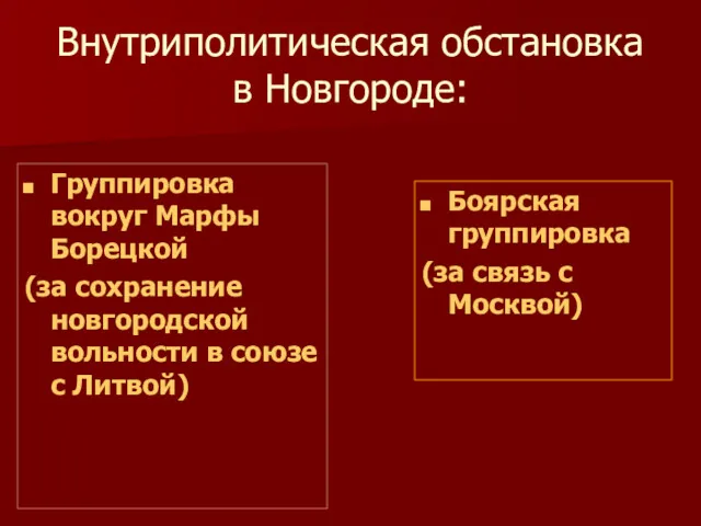 Внутриполитическая обстановка в Новгороде: Группировка вокруг Марфы Борецкой (за сохранение