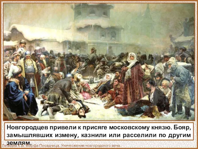 Новгородцев привели к присяге московскому князю. Бояр, замышлявших измену, казнили