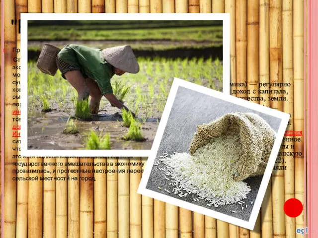 "Рисовые бунты" Причины Стремительный рост цен на рис привёл к осложнению экономической ситуации,