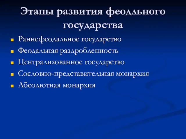 Этапы развития феодльного государства Раннефеодальное государство Феодальная раздробленность Централизованное государство Сословно-представительная монархия Абсолютная монархия