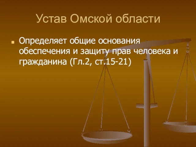 Устав Омской области Определяет общие основания обеспечения и защиту прав человека и гражданина (Гл.2, ст.15-21)