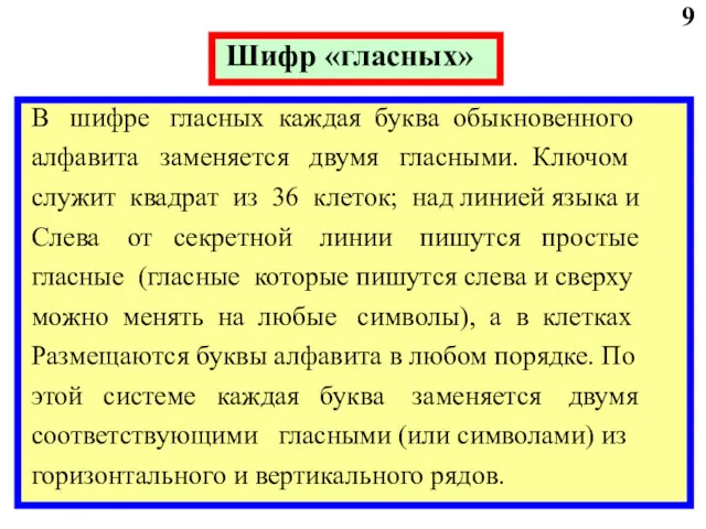 9 В шифре гласных каждая буква обыкновенного алфавита заменяется двумя