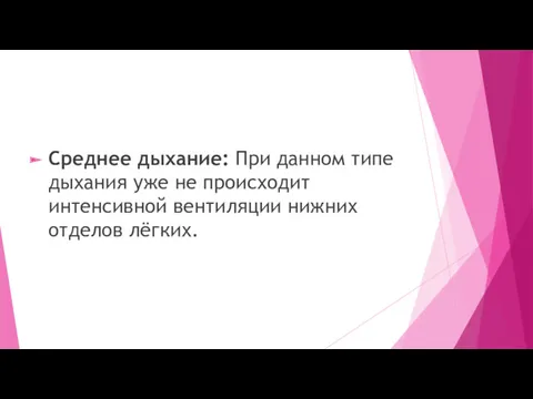 Среднее дыхание: При данном типе дыхания уже не происходит интенсивной вентиляции нижних отделов лёгких.