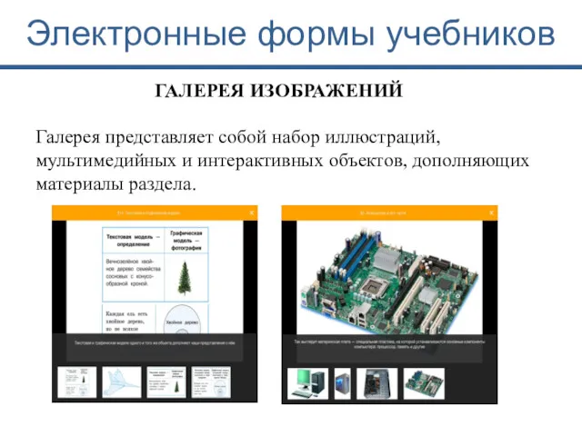 Электронные формы учебников Галерея представляет собой набор иллюстраций, мультимедийных и