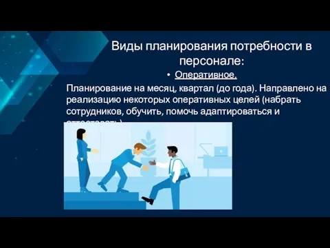 Виды планирования потребности в персонале: Оперативное. Планирование на месяц, квартал