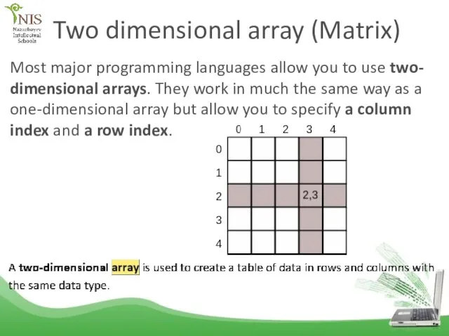 Two dimensional array (Matrix) Most major programming languages allow you