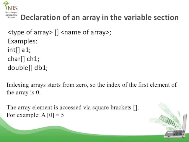 Declaration of an array in the variable section [] ;