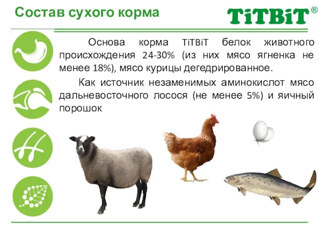 Основа корма TiTBiT белок животного происхождения 24-30% (из них мясо ягненка не менее