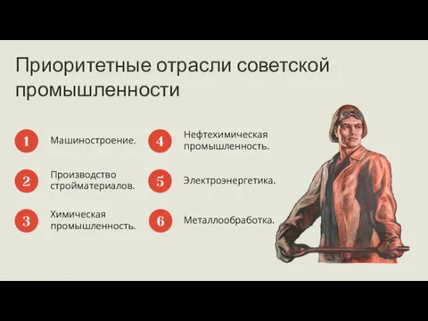 Приоритетные отрасли советской промышленности Машиностроение. 1 Производство стройматериалов. 2 Химическая