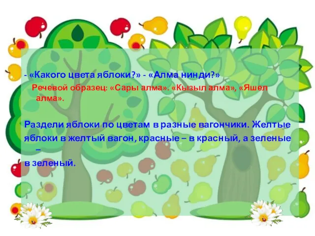 - «Какого цвета яблоки?» - «Алма нинди?» Речевой образец: «Сары