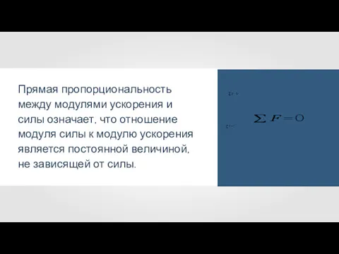 Прямая пропорциональность между модулями ускорения и силы означает, что отношение