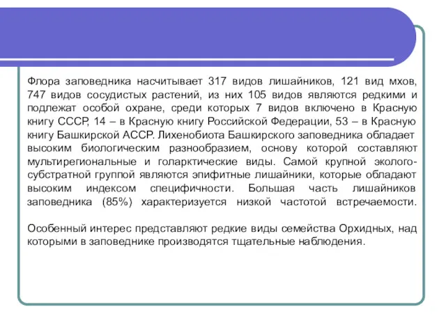 Флора заповедника насчитывает 317 видов лишайников, 121 вид мхов, 747