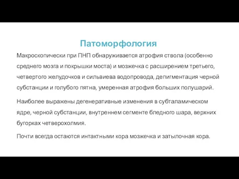 Патоморфология Макроскопически при ПНП обнаруживается атрофия ствола (особенно среднего мозга