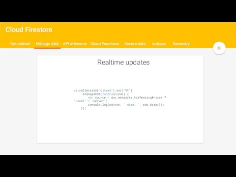 y Realtime updates Cloud Firestore Get started Manage data Secure