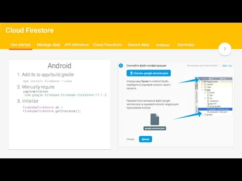 Android Cloud Firestore Get started Manage data Secure data API