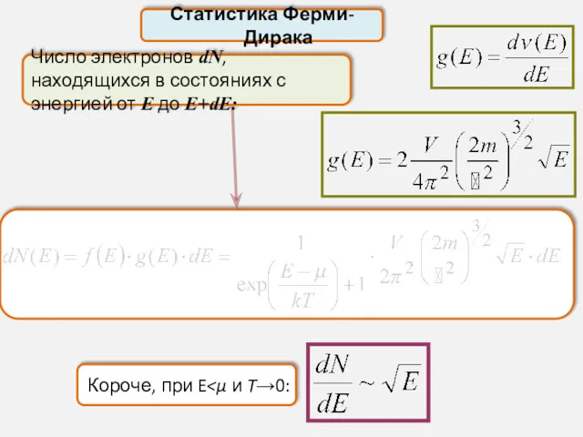 Статистика Ферми-Дирака Число электронов dN, находящихся в состояниях с энергией