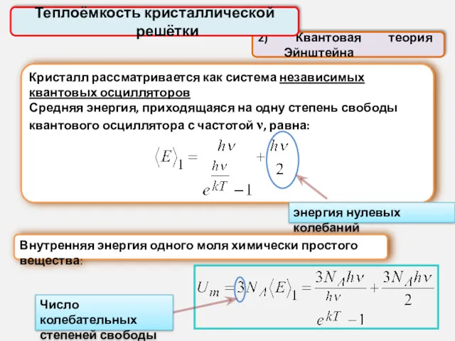 Кристалл рассматривается как система независимых квантовых осцилляторов Средняя энергия, приходящаяся