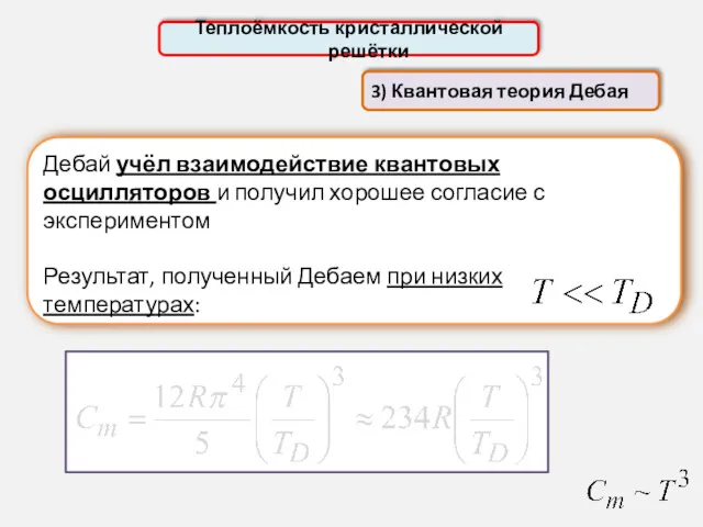 3) Квантовая теория Дебая Теплоёмкость кристаллической решётки Дебай учёл взаимодействие