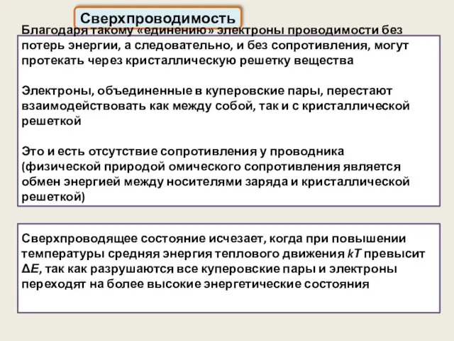 Сверхпроводимость Благодаря такому «единению» электроны проводимости без потерь энергии, а