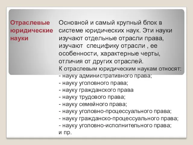 Отраслевые юридические науки Основной и самый крупный блок в системе