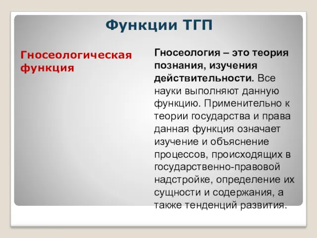 Функции ТГП Гносеологическая функция Гносеология – это теория познания, изучения