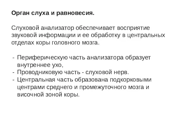 Орган слуха и равновесия. Слуховой анализатор обеспечивает восприятие звуковой информации