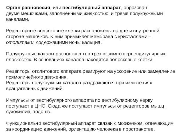 Орган равновесия, или вестибулярный аппарат, образован двумя мешочками, заполненными жидкостью,