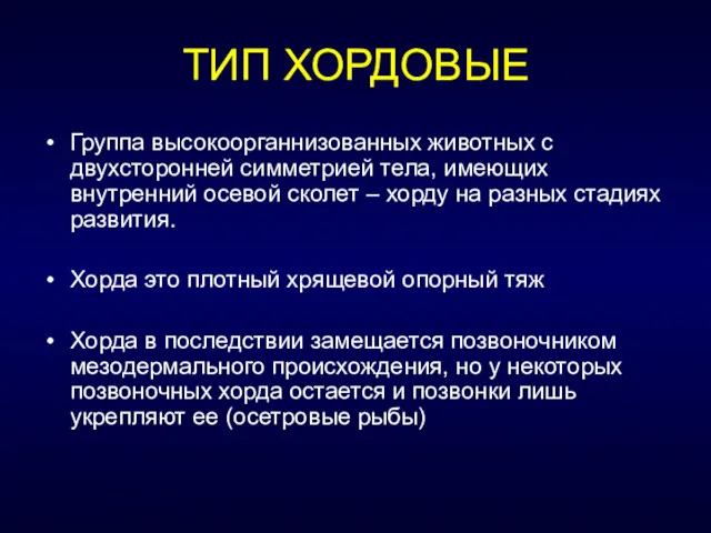 ТИП ХОРДОВЫЕ Группа высокоорганнизованных животных с двухсторонней симметрией тела, имеющих