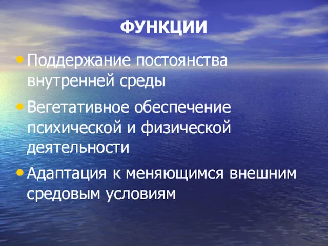 ФУНКЦИИ Поддержание постоянства внутренней среды Вегетативное обеспечение психической и физической деятельности Адаптация к